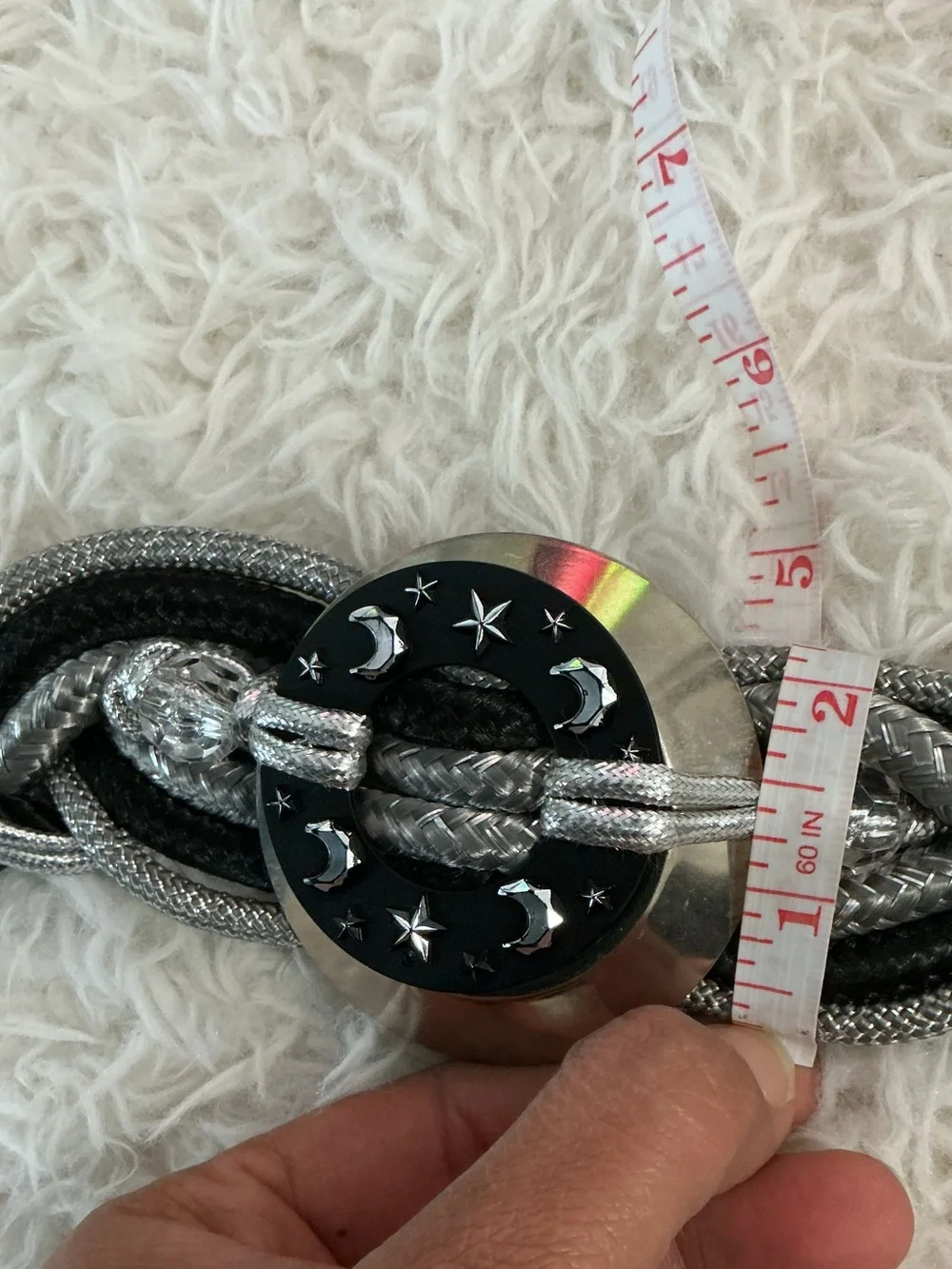 Vintage 80s Black Braided Macrame Belt Chunky Medallion Boho Star & Moon M/L